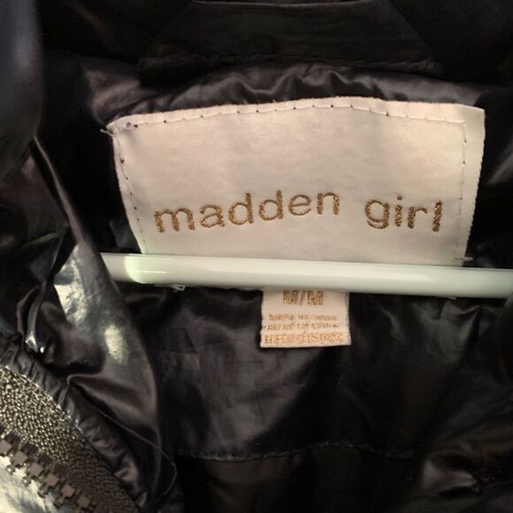 Madden Girl Shinny Puffer Jacket Women Navy Fur Hooded Winter Coat Size Medium - Picture 3 of 8